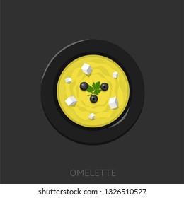 Omelette. Fried Eggs With Green Parsley, Black Olives And Chees Feta In A Black Plate Top View Vector Illustration