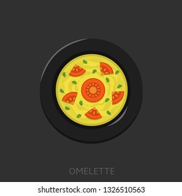 Omelette. Fried eggs with tomatoes and parsley in a black plate Top view Vector illustration