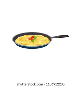 Omelette in a frying pan, fresh nutritious breakfast food, design element for menu, cafe, restaurant vector Illustration on a white background