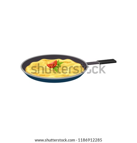 Omelette in a frying pan, fresh nutritious breakfast food, design element for menu, cafe, restaurant vector Illustration on a white background