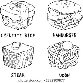 omelette, hamburger, steak, udon with handrawn doodle illustrations vector set. line vector set