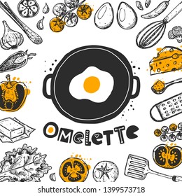 Omelette. Scrambled eggs. Logo, icon and label. Hand-lettering phrase. Vector illustration for menu, shop, truck, restaurant, cafe, bar, poster, breakfast, banner, sticker, placard