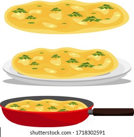 Omelette. Set of three omelets: in a pan, on a plate and isolated on a white background. Vector illustration.