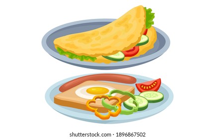 Omelette with Vegetables and Toast with Scrambled Egg as Tasty Dishes Served on Plate Vector Set