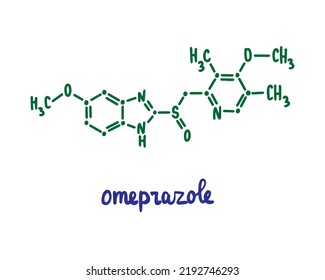 Omeprozole hand drawn vector formula chemical structure lettering blue green gastroenterology