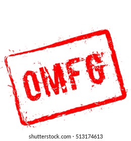 Omfg red rubber stamp isolated on white background. Grunge rectangular seal with text, ink texture and splatter and blots, vector illustration.