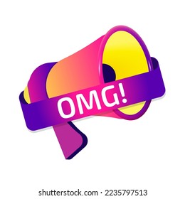 Omg banner label, badge icon with megaphone. Flat design