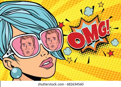 OMG Beautiful woman, the reflection of men in sunglasses. Pop art retro comic book vector illustration