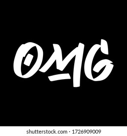 OMG brush hand drawn paint on black background. Design lettering templates for greeting cards, overlays, posters