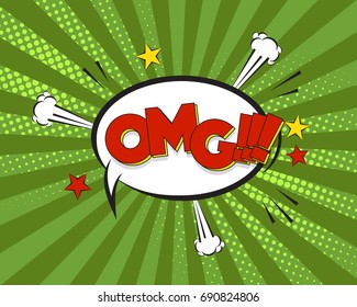 OMG cartoon comic pop art background, vector illustration. Funny text, halftone dot texture, graphic elements, green, red colors, retro style.