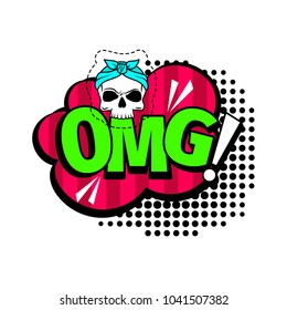 OMG cartoon patch, pop art style coloful icon with skull and exclamation mark, vector illustration