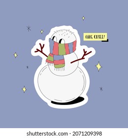 OMG Chill greeting card with funny snowman cartoon character isolated on blue background. Vector seasonal illustration. New year pun design.