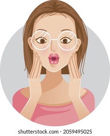 OMG! Close up face of shocked astonished character glasses girl with open mouth and brown eyes looking at camera and to touch her cheek by finger.