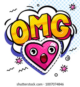 OMG in comic speech bubble with heart emoji. Message in pop art comic style with hand drawn heart. Vector illustration.