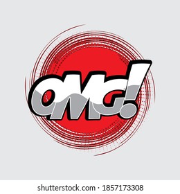 OMG comic style message in red speech bubble. Pop art balloon on halftone background. White background, cartoon text. OMG sticker for banner, web, poster. Vector illustration, flat style, clip art.