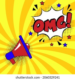 OMG-Comic-Botschaft in roter Sprachblase.  Farbiger Pop-Art-Sound-Effekt. Banner mit Halftone Vektorgrafik. Vintage Comics Buch Poster. Farbige lustige Cloud-Schriftart