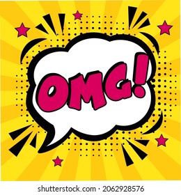 OMG comic style message in red speech bubble.  Colored pop art style sound effect. Halftone vector illustration banner. Vintage comics book poster. Colored funny cloud font