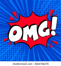 OMG comic style message in red speech bubble.  Colored pop art style sound effect. Halftone vector illustration banner. Vintage comics book poster. Colored funny cloud font