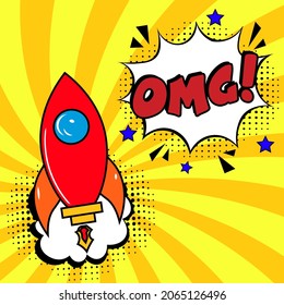 OMG comic style message in red speech bubble.  Colored pop art style sound effect. Halftone vector illustration banner. Vintage comics book poster. Colored funny cloud font