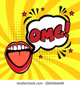 OMG comic style message in red speech bubble.  Colored pop art style sound effect. Halftone vector illustration banner. Vintage comics book poster. Colored funny cloud font