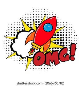 OMG comic style message in red speech bubble.  Colored pop art style sound effect. Halftone vector illustration banner. Vintage comics book poster. Colored funny cloud font