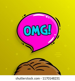 Omg concept. Human head and speech bubble with text OMG. Vector.