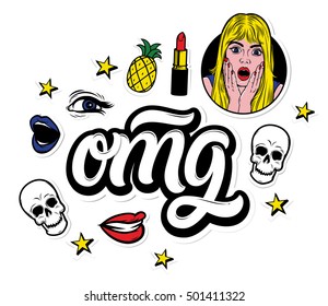 OMG. Creative stickers and fashion patches set with surprised blond woman and skulls, stars, lips and other elements. Trendy youth style illustrations for you design. Vector.
