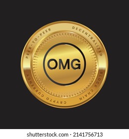 OMG Cryptocurrency logo in black color concept on gold coin. OMG Network Coin Block chain technology symbol. Vector illustration.