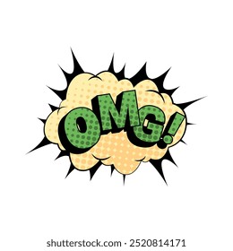 OMG expression of surprise and unexpected event, colored sound effect for comic book. Vector emotion for drawing or personage, oh my god phrase with exclamation in cloud or thought bubble