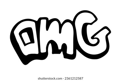 Omg. Hand drawn black lettering. Online chat sticker. Vector isolated on white background. Exclamation. Doodle illustration.