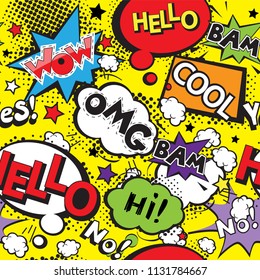 Omg, hello, wow, cool, hi. Comic speech bubbles seamless pattern on a yellow background