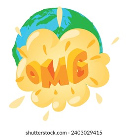 Omg icon isometric vector. Planet earth and speech bubble with inscription omg. Comic speech bubble