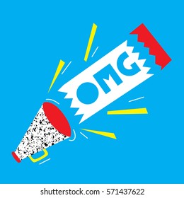 OMG megaphone card. Retro 80s and 90s style vector art, poster. Bright vintage banner. Message card template in retro modern style.