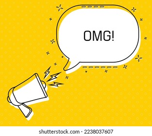 Omg. Megaphone and colorful yellow speech bubble with quote. Blog management, blogging and writing for website. Concept poster for social networks, advertising, banner