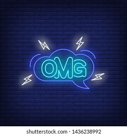 OMG neon lettering in speech bubble. Communication, conversation, message, chat design. Night bright neon sign, colorful billboard, light banner. Vector illustration in neon style.