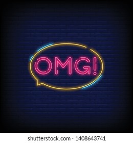 OMG neon sign vector with a Brick Wall Background Design template neon sign  light banner  neon signboard  nightly bright advertising  light inscription. Vector illustration