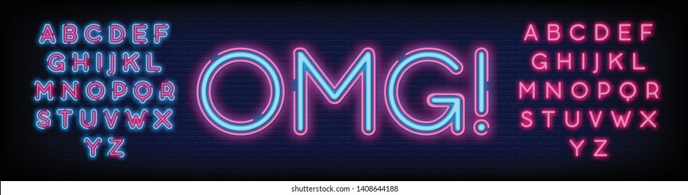 OMG neon sign vector with a Brick Wall Background Design template neon sign  light banner  neon signboard  nightly bright advertising  light inscription. Vector illustration. Editing Text Neon Signs