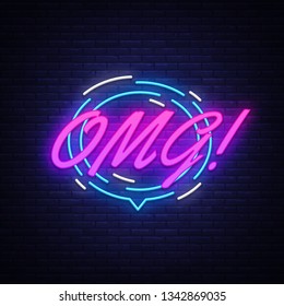 OMG Neon Text Vector. Comic lettering OMG neon sign, design template, modern trend design, night neon signboard, speech bubble, poster and sticker concept, light banner. Vector illustration