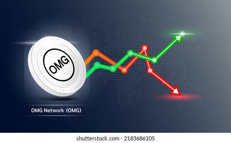 Moneda blanca de OMG Network. Símbolo de criptodivisa con gráfico de inversión en bolsa verde y rojo. Concepto de negocios de tendencias económicas. Ilustración vectorial 3D.