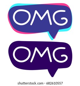 Omg or Oh my god. Lettering and hand drawn speech bubbles. Vector icons, stickers, badges, marks illustrations on white background.