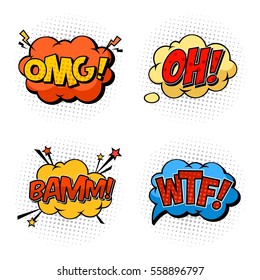 Omg and oh, wtf and bam bubble comic speeches. Onomatopoeia exclamations or sounds effects of question and confusion, explosion and burst. Cartoon book or humour message clouds for comix