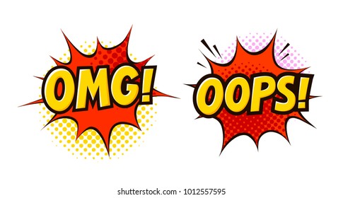 OMG, OOPS in pop art retro comic style. Cartoon slang vector illustration