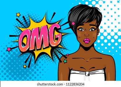 OMG, oops, sad face. Black african-american young girl pop art. Woman pop art. Comic text advertise speech bubble. Retro halftone background.