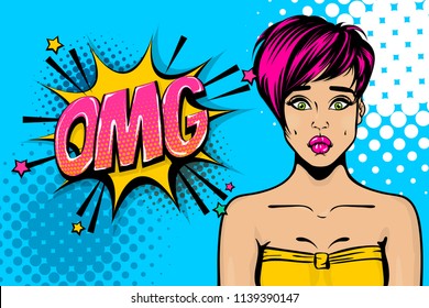 OMG, oops, sad face. Pink hair young girl pop art. Woman pop art. Comic text advertise speech bubble. Retro halftone background.