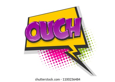 Omg ouch oops comic text speech bubble. Colored pop art style sound effect. Halftone vector illustration banner. Vintage comics book poster. Colored funny cloud font.