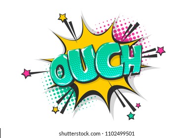 Omg ouch oops comic text speech bubble. Colored pop art style sound effect. Halftone vector illustration banner. Vintage comics book poster. Colored funny cloud font.