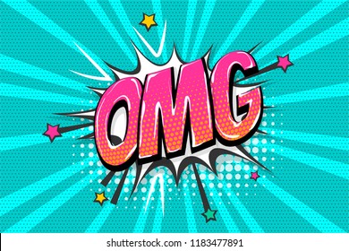 Omg Ouch Oops Wow Comic Text Speech Bubble. Colored Pop Art Style Sound Effect. Halftone Vector Illustration Banner. Vintage Comics Book Poster. Colored Funny Cloud Font.