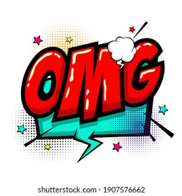 Omg Ouch Oops Wow Comic Text Speech Bubble. Colored Pop Art Style Sound Effect. Halftone Vector Illustration Banner. Vintage Comics Book Poster. Colored Funny Cloud Font