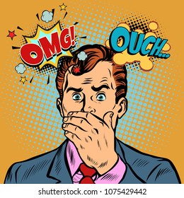 OMG ouch surprised businessman. Pop art retro vector illustration cartoon comics kitsch drawing