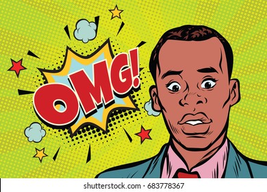 omg pop art African man surprise illustration. Comic text bubble. Human emotions. retro comic book vector illustration